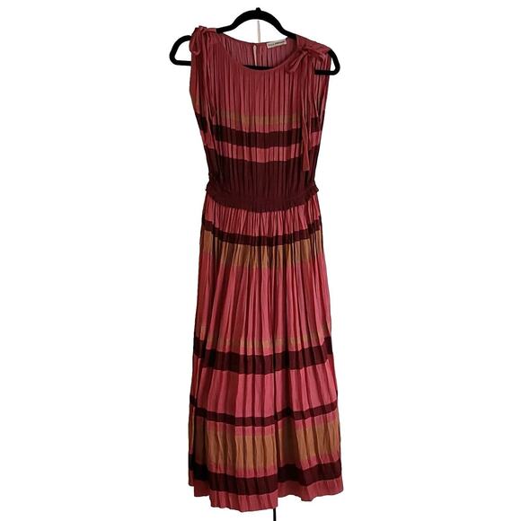 $878 Ulla Johnson - Alessa Dress in CeriseStriped Pleated Plissé Midi Sz 2 - Picture 14 of 16